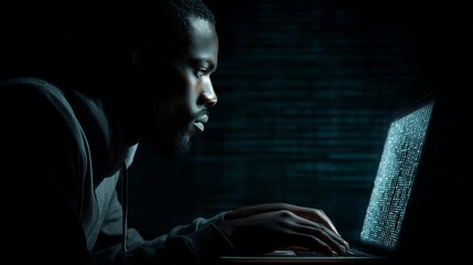 Focused programmer deeply engrossed in complex coding on a laptop screen glowing with binary data in a dark, atmospheric setting