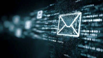 Digital communication glowing envelope icon streams through abstract binary code data flow representing online messaging and information transfer