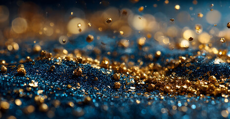 Wall Mural - abstract background with Dark blue and gold particle Christmas Golden light shne particles bokeh on navyblue background. Gold foiltexture. Holiday concept.