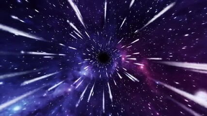 White Streaks Traversing Violet Cosmic Nebula into Black Hole Center