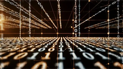 Abstract Binary Code Tunnel with Golden Glowing Particles on Black Background