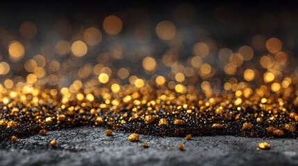 Wall Mural - Festive black background with golden glitter and bokh, providing a luxurious ad celebratory look with coy space. Perfect for BlackFriday or Christmas conceps.