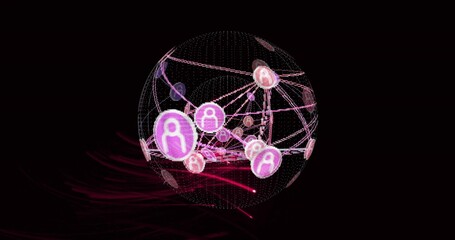 Wall Mural - Glowing digital wireframe globe spinning in cyberspace, with floating profile icons, network lines