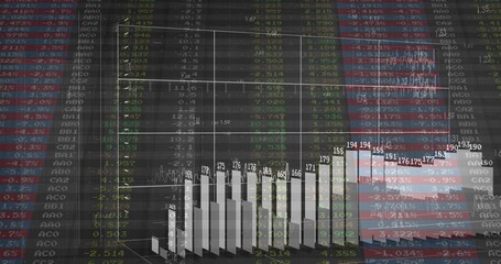 Wall Mural - Displaying 3D bar chart rising on wireframe grid in virtual dashboard, with green red data columns