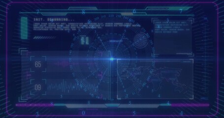 Wall Mural - displaying hud interface featuring radar on grid backdrop, with numeric scales and map silhouette