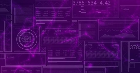 Wall Mural - Displaying purple translucent panels in virtual interface, showing code blocks, data charts