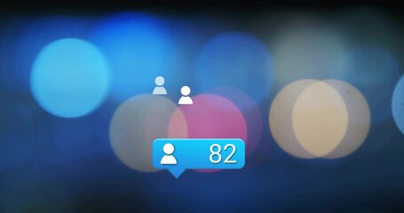 Wall Mural - floating three white user icons around bright blue notification bubble on screen, bokeh background