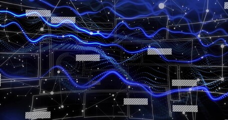 Wall Mural - undulating blue waveform traversing schematic grid, with network nodes, lines and data overlays