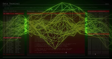 Wall Mural - Displaying green-yellow wireframe on console, with terminal windows showing code and login details