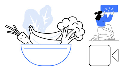 Fresh produce thumbs up broccoli, bananas, and carrots in a bowl, alongside a coder handling a project framework. Ideal for wellness, coding, balance, food applications, lifestyle UI design simple