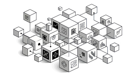 Interconnected digital blocks representing complex systems and data networking structures