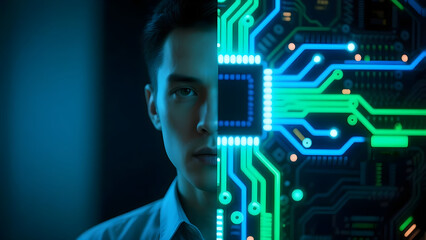 Human and Technology Integration Concept - Merging Mind with Digital Circuits and Systems