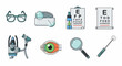 © Masand - Hand-drawn ophthalmology and optometry icons set featuring glasses, eye chart, and medical tools.