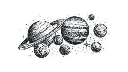 Wall Mural - Engraving style planets and moons on transparent. Vector hand drawn illustration