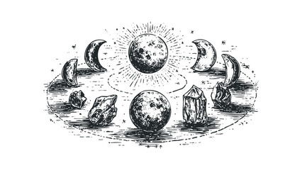 Wall Mural - Celestial Moon Phases and Crystal Study,. Vector hand drawn illustration