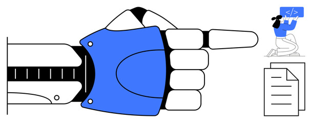 Futuristic robotic hand pointing right at a person coding on a computer with a code symbol, and a document outline below. Ideal for technology, AI, automation, coding, robotics, innovation, simple