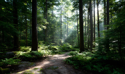  Peaceful dense pine forest with sunlight filtering through tall trees lush green moss and undergrowth serene natural woodland atmosphere. generative aI