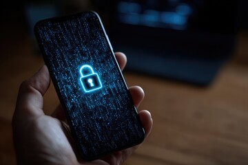 Hand holding smartphone with security lock and digital code
