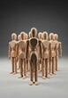 © Saya - A group of wooden mannequins stands in a uniform row, creating a powerful visual of unity and conformity.