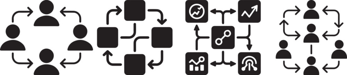 Business workflow diagram with people icons, arrows and process flow symbols representing teamwork, project management, communication, organization structure and corporate strategy.