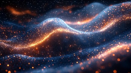 Wall Mural - Glowing particles forming undulating waves in blue and orange hues on a dark background