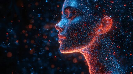 Wall Mural - Glowing particle portrait of a woman's face in profile, with blue and orange hues against a dark background