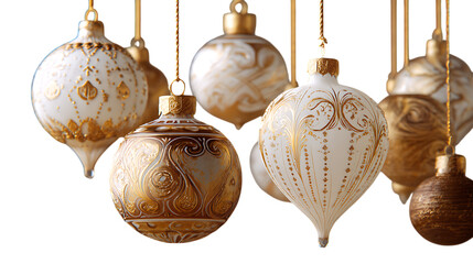 Elegant gold and white christmas ornaments isolated on transparent background.