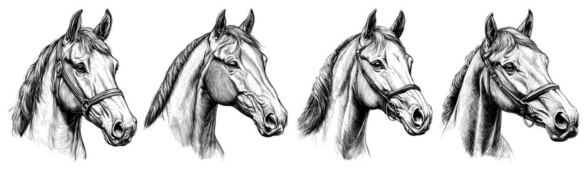 Wall Mural - PNG Detailed horse head illustrations, element set on transparent background