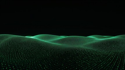 Dynamic abstract green glowing digital landscape with flowing waves and particles