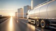 © Gibster - Green hydrogen industrial process. Truck driving on a highway near industrial storage tanks at sunset.