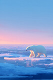 A polar bear walking on drifting ice in a serene arctic landscape at sunset