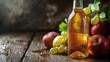 © FANTASY WORLD - Bottle of apple cider with apples and grapes on a rustic wooden table