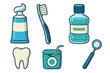 © Lester - Dental care icon set for oral hygiene. Vector collection of toothbrush, toothpaste, floss, mouthwash, and dentist mirror. Teeth cleaning cartoon illustration for health.