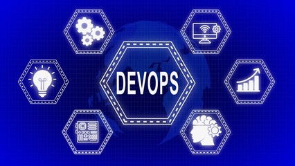 Devops concept illustrated with icons on a blue background depicting business strategy