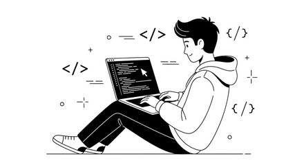 Creative Coding: A Young Man Focused On Writing Digital Codes, Programming On His Laptop