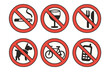 © Harris - Prohibition sign set. Forbidden symbol collection. No smoking, alcohol, food, dogs, pets, bicycle, phone. Vector cartoon illustration. Banned, warning, restriction icons.