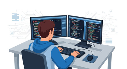 Developer Coding On Desktop Computer Using Multiple Screens For Software Development Task