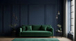 © Veggymulyanto - Elegant living room with dark blue walls and a green sofa under pendant lights.