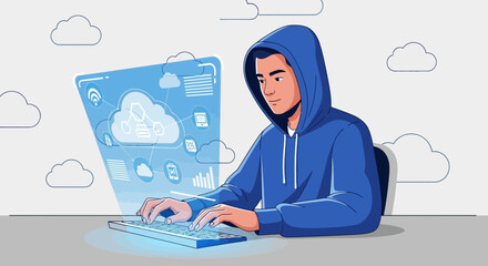 Digital Cloud Technology: Young Man in Hoodie Implementing Futuristic Data Networking