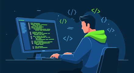 Illustrative Depiction Of A Programmer Working On Sophisticated Computer Coding