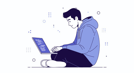 Man Using Laptop While Sitting Down Modern Illustration For Creative Projects