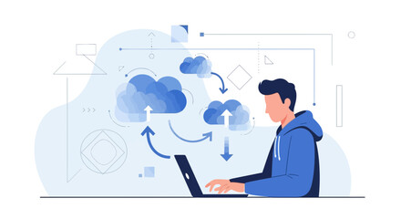 Modern Cloud Computing Illustration Featuring User Interacting With Technology System Network