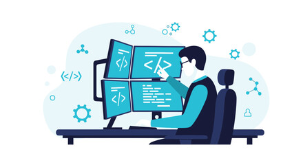 Programmer Analyzing Code on Multiple Screens with Modern And Futuristic Design