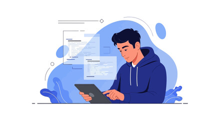 Programmer Working On Code On A Tablet Creating Software In A Modern Development Environment