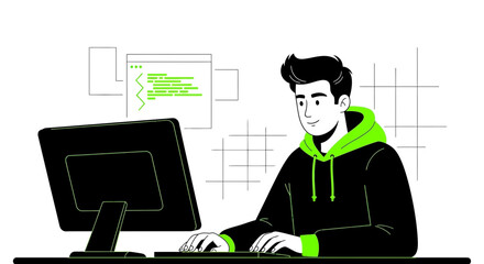 Programmer Working On Computer, Coding, Creating New Software With Modern Technological Approach