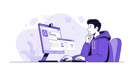 Software Developer Analyzing Bug Tracking Interface on a Computer in Modern Illustration Style