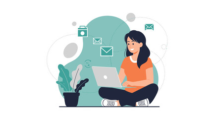 Woman Using Laptop While Sitting, Illustration of Modern Email and Communication at Work