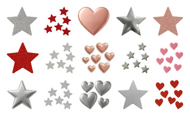 Wall Mural - png metallic stars hearts collection, element set on transparent background