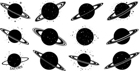 Monochrome Saturn Planet Vector Collection – Space Design with Rings and Stars Isolated on White Background