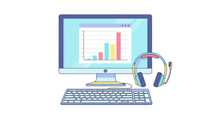 Modern workplace with data chart on computer screen and headset for communication